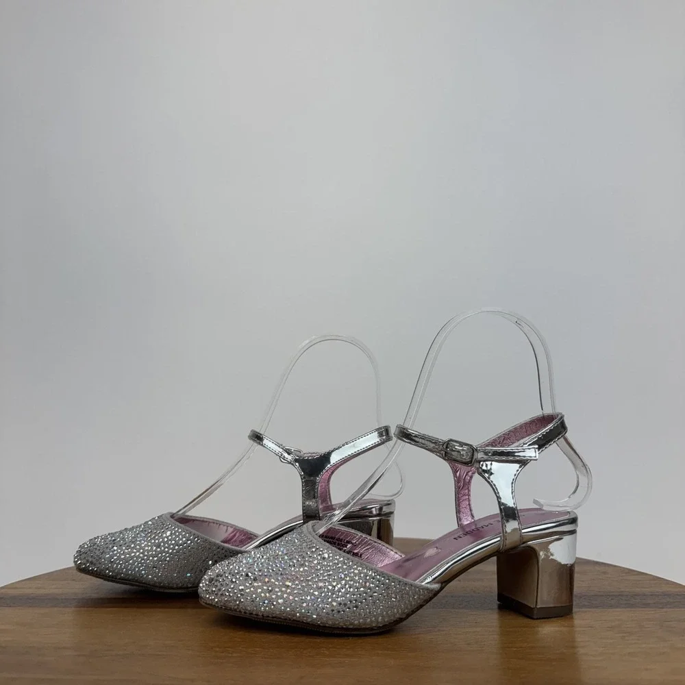 Big Kids Girls Steve Madden Lauv‎ Silver Rhinestones Heeled Pumps Size 2 Y GUC